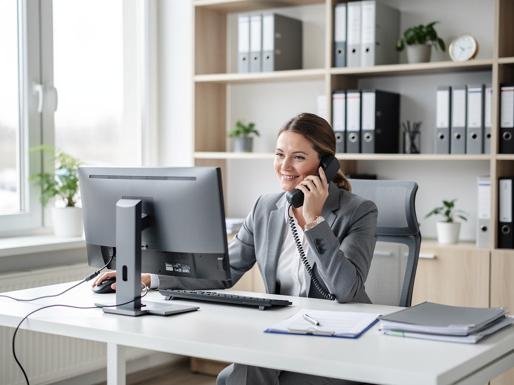 Freundlicher Kundenservice-Mitarbeiter am Telefon in hellem Büro